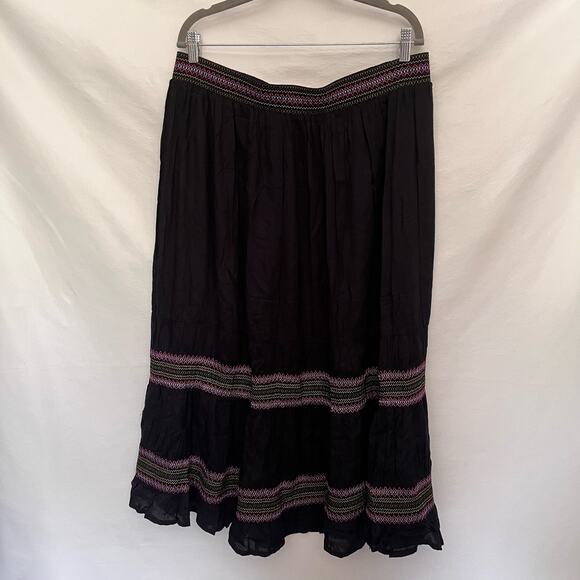 Linda Anderson Boho Maxi Skirt Sz XL Black Festival Embroidered Smocking Peasant - Picture 5 of 12